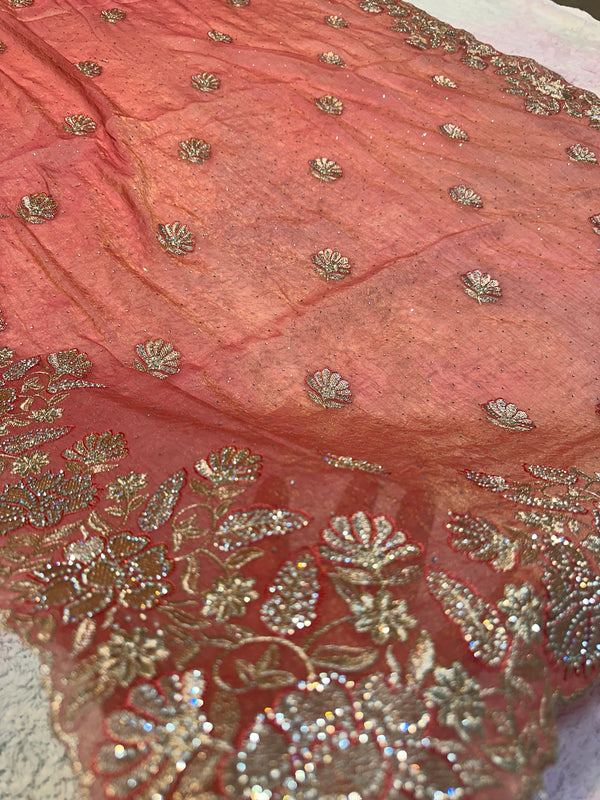 Coral Pink Organza Saree with Silver Zarkhan Stone & Zari Floral Embroidery