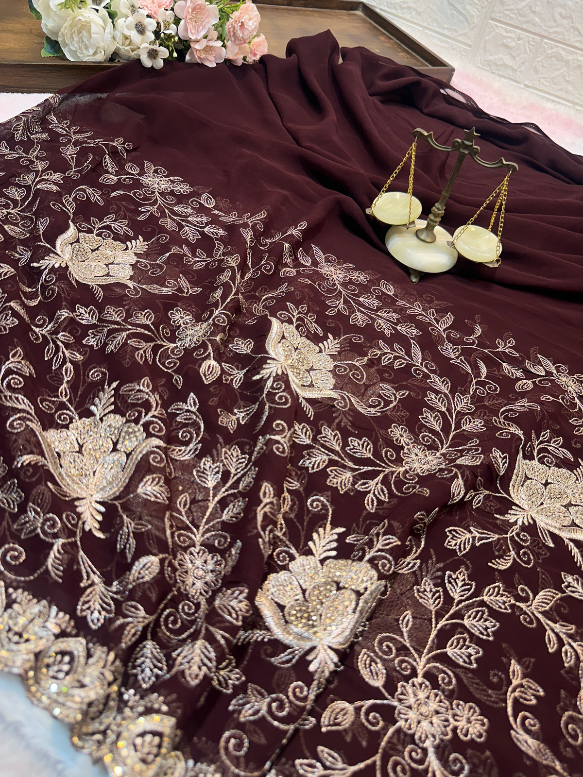 Premium Dark Chocolate Brown Zari Work Saree With Dupatta ✨