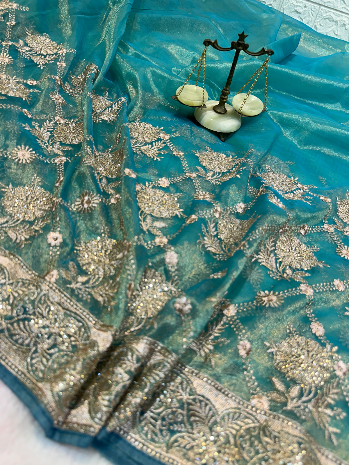 Teal Green Designer Saree with Zari & Zarkhan Work