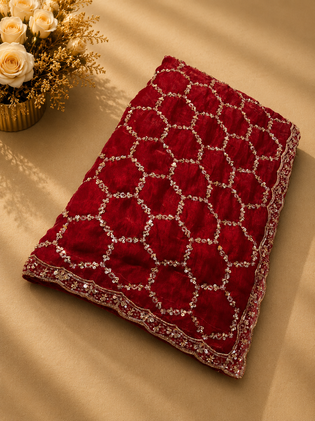 Premium Red Designer Saree with Intricate Beads Work