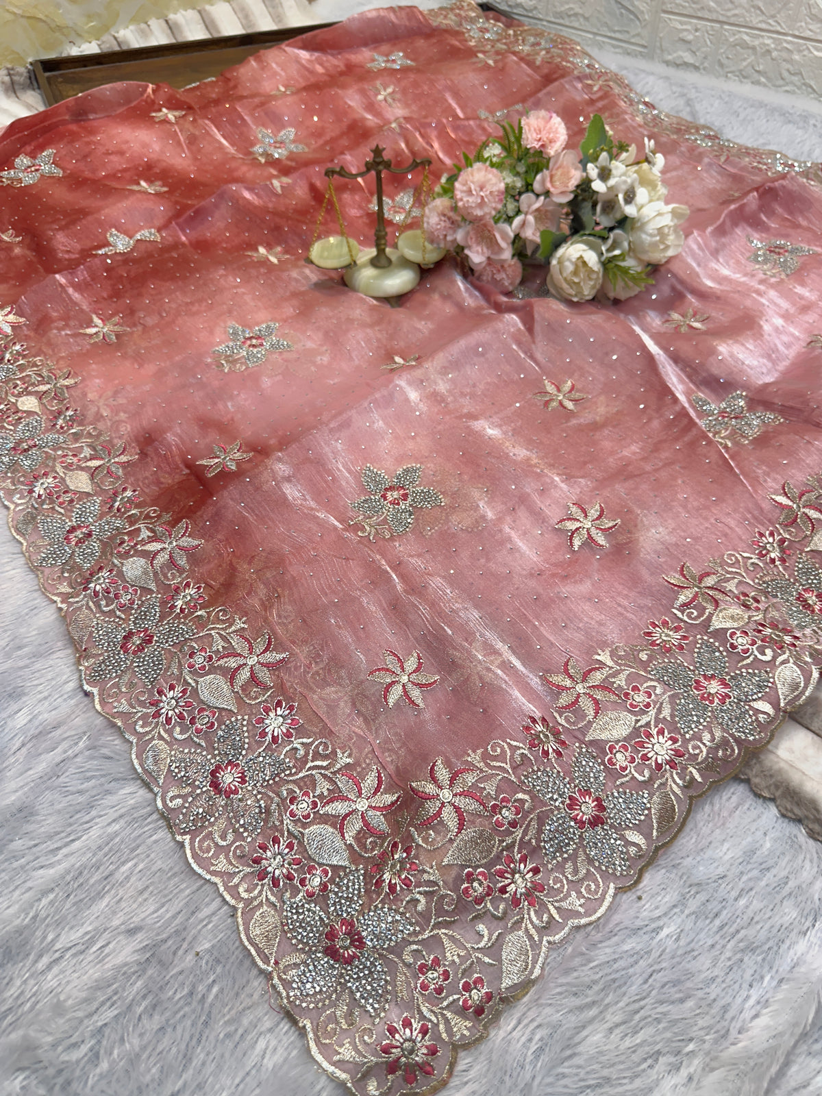 BUY 1 GET 1 FREE – Blush Pink Floral Embroidered Saree