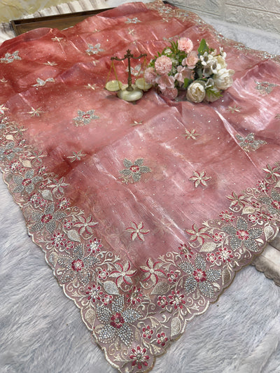BUY 1 GET 1 FREE – Blush Pink Floral Embroidered Saree