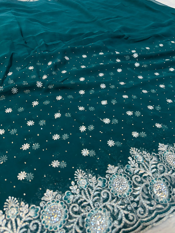 Teal Blue Georgette Saree with Silver Zari & Sequin Embroidery