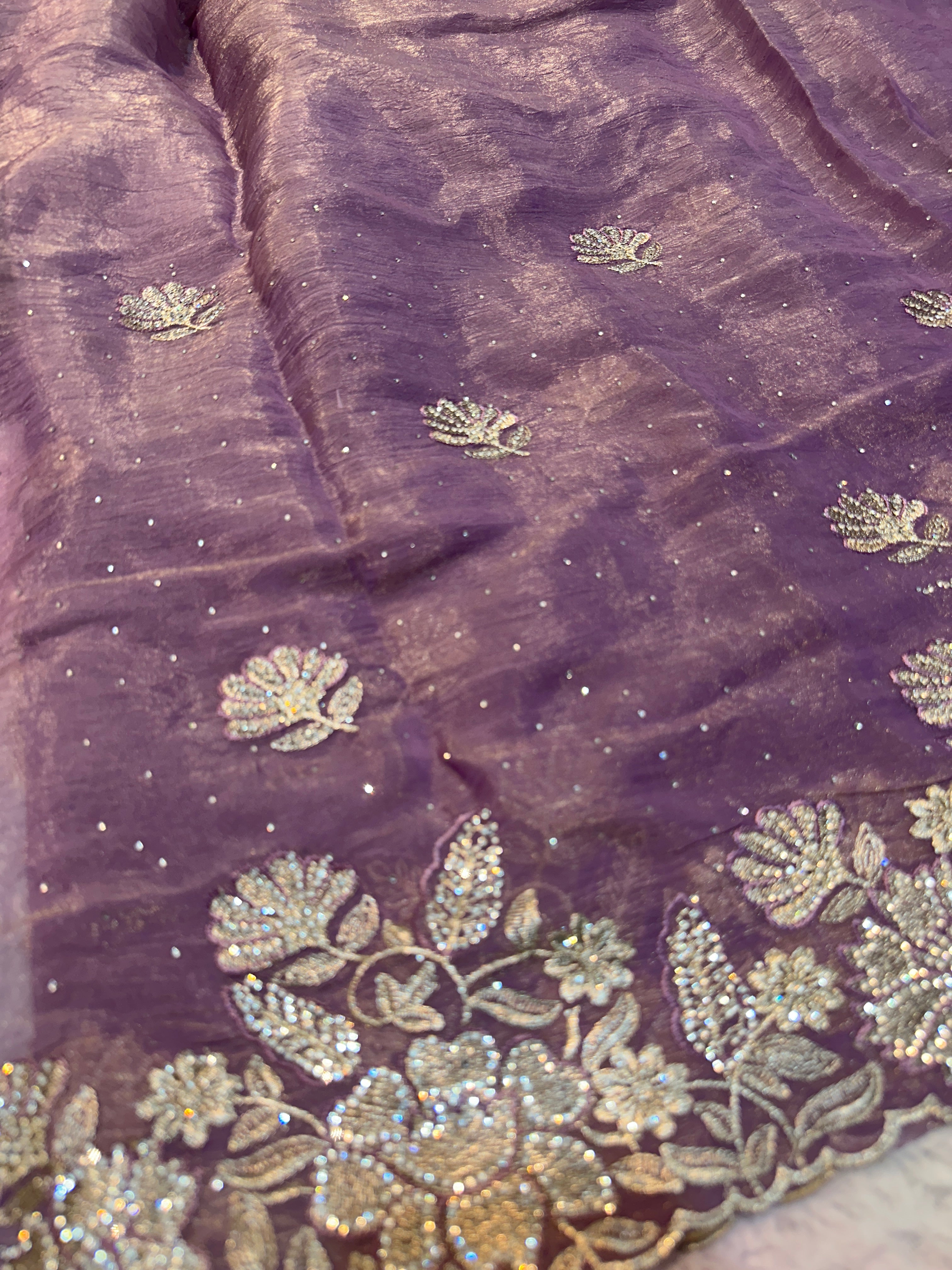Lavender Grey Organza Saree with Silver Zarkhan Stone & Zari Floral Embroidery