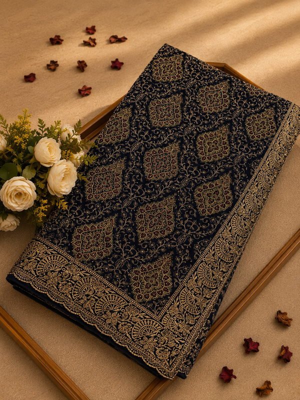 Premium Navy Blue Georgette Kashmiri Work Designer Saree | Elegant Wedding & Festive Collection