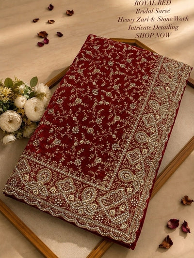 Elegant Red  Georgette Saree with Zari & Rarkhan Work – Luxury Wedding Collection