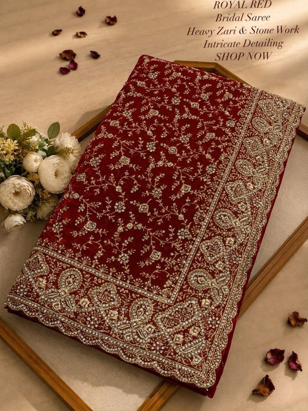 Elegant Red  Georgette Saree with Zari & Zarkhan Work – Luxury Wedding Collection