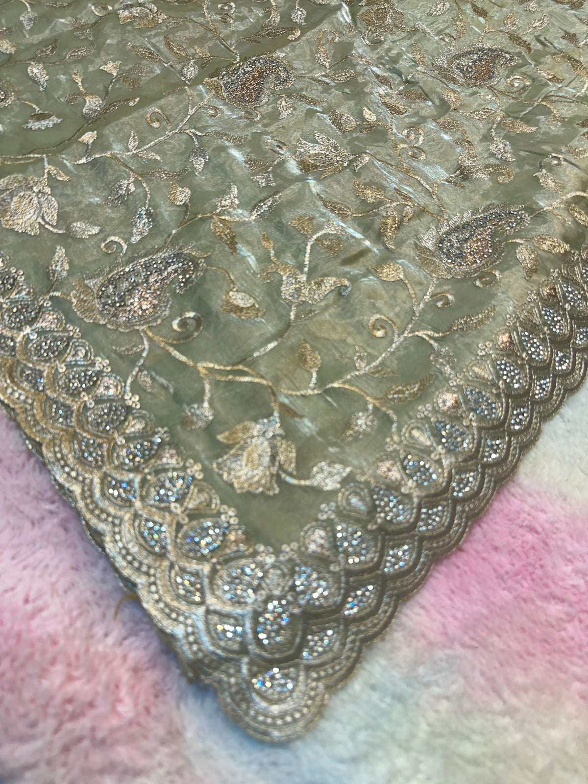 Buy 1 Get 1 FREE – Premium Sage Green Zari Work Saree ✨