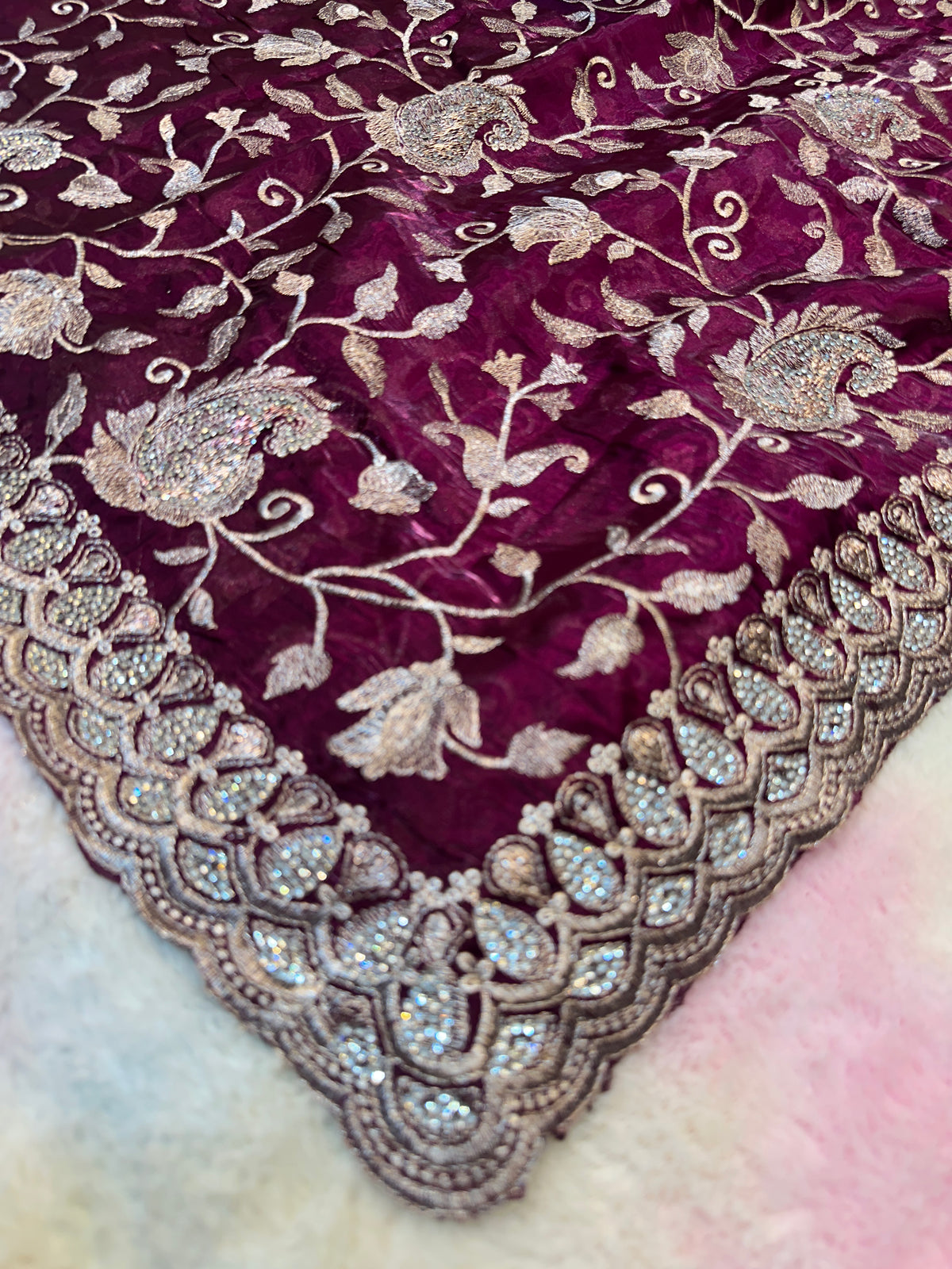 Buy 1 Get 1 FREE – Premium Dark Wine Zari Work Saree ✨