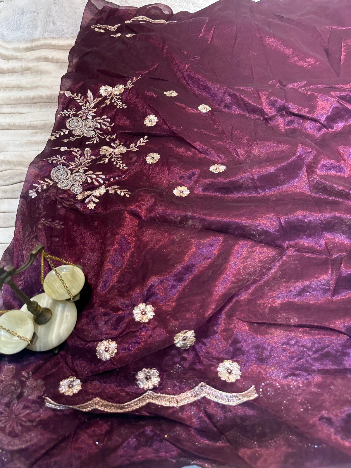 BUY 1 GET 1 FREE – Royal Burgundy Floral Embroidered Saree