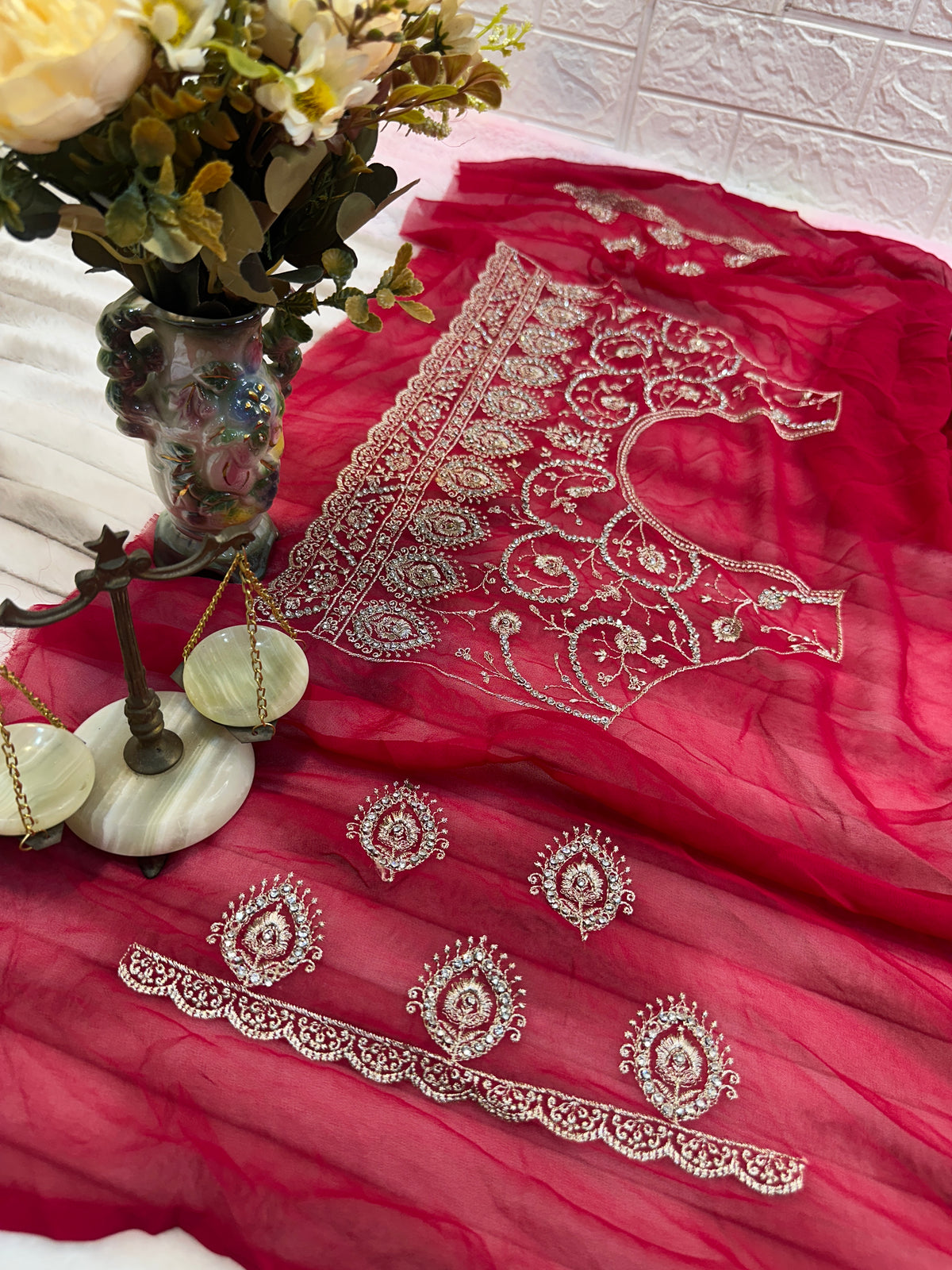 Premium Red Bridal Saree with Dupatta | Heavy Embroidery & Stone Work