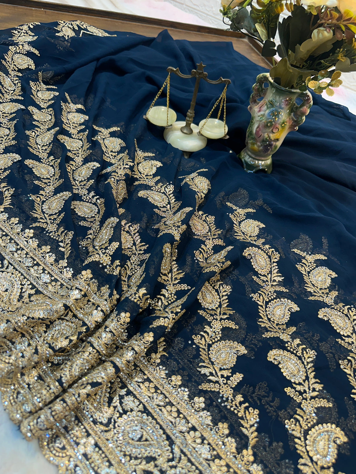 Premium Royal Blue Saree with Dupatta | Heavy Zari & Embroidery Work