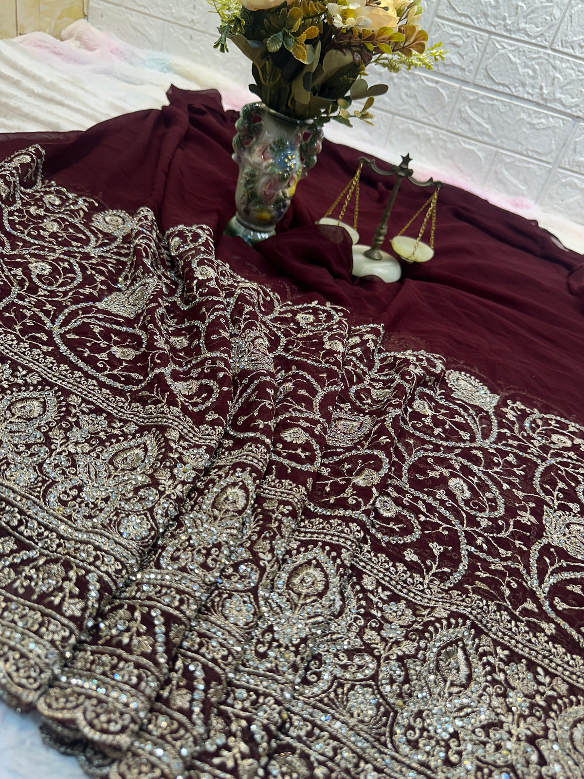 Premium Brown Saree with Dupatta | Heavy Embroidery & Stone Work