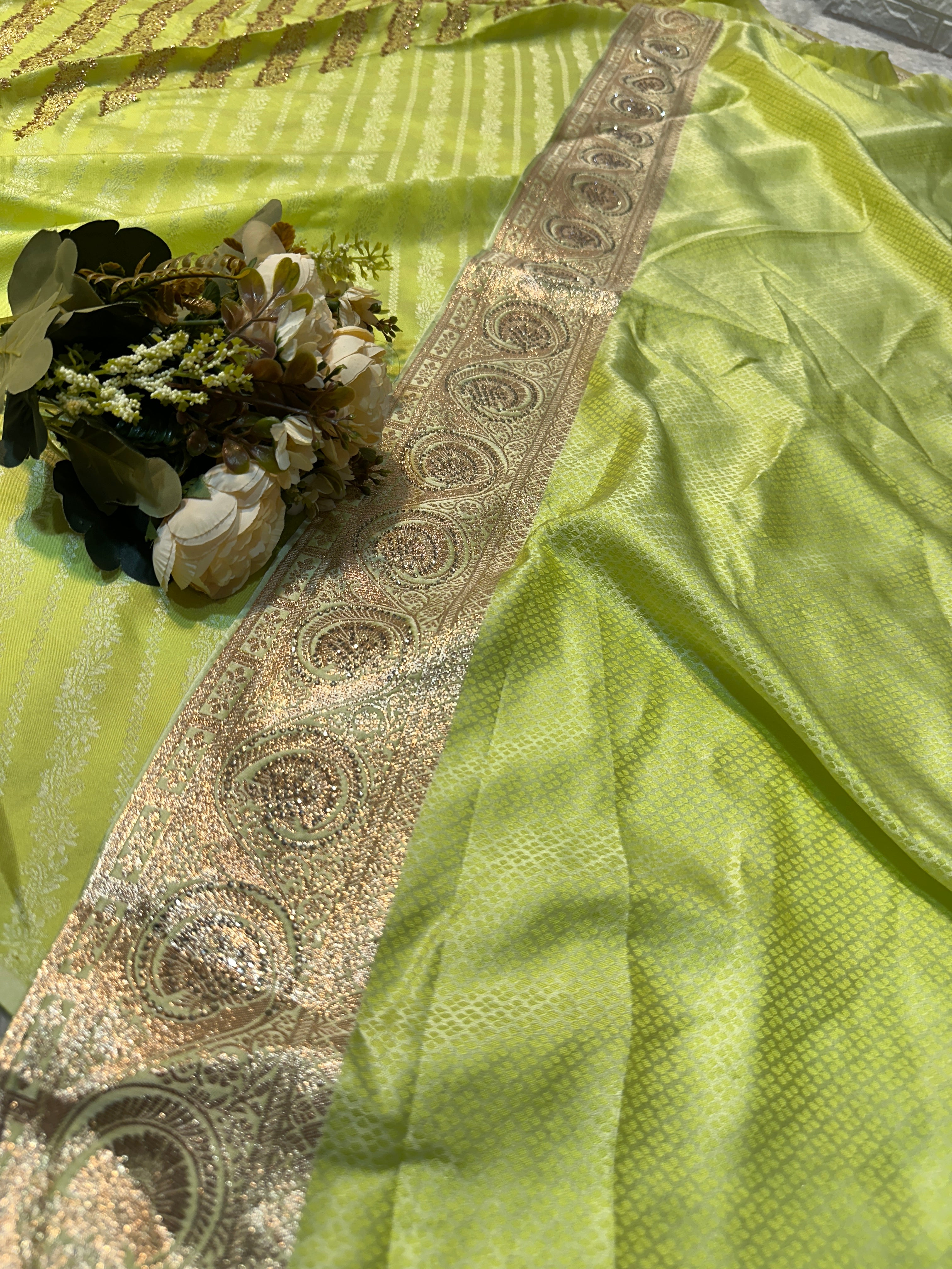 Parrot Green Banarasi Silk Saree with Gold Zari Stripes & Heavy Zari Border