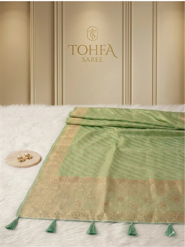 Parrot Green Banarasi Silk Saree with Gold Zari Stripes & Heavy Zari Border