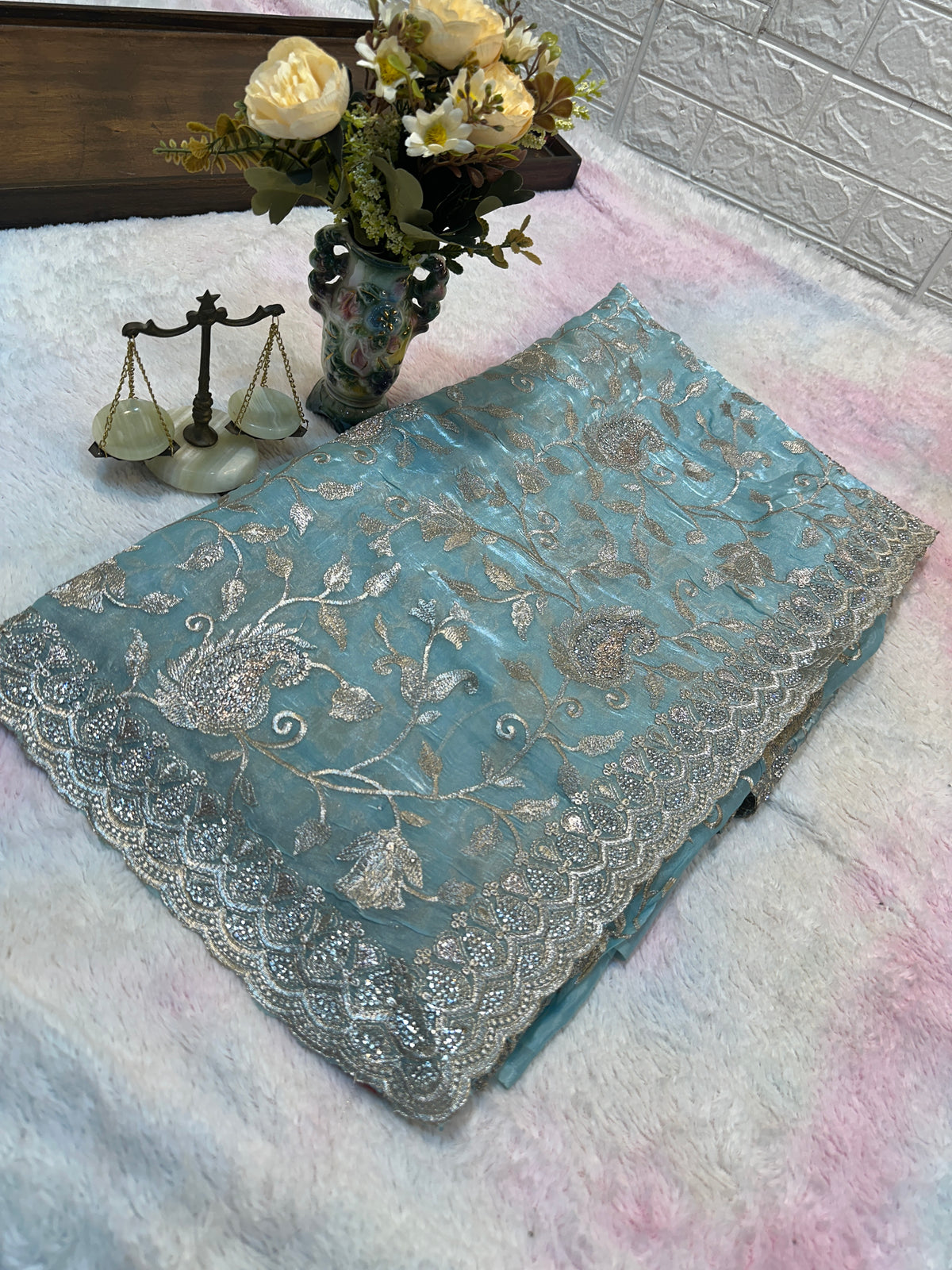 Buy 1 Get 1 FREE – Premium Aqua Blue Zari Work Saree ✨
