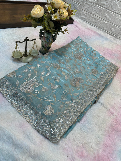 Buy 1 Get 1 FREE – Premium Aqua Blue Zari Work Saree ✨