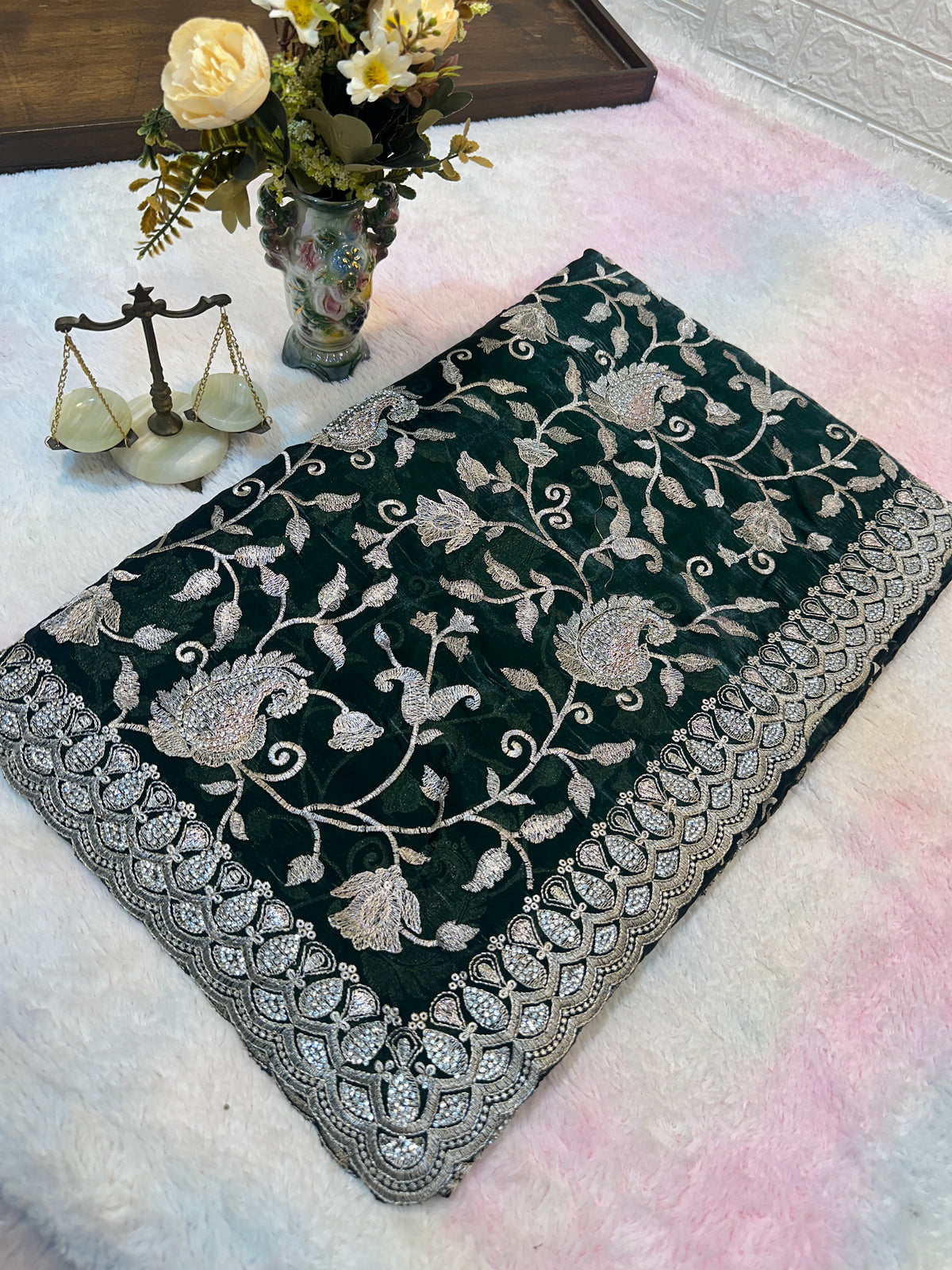 Buy 1 Get 1 FREE – Premium Dark Green Zari Work Saree ✨
