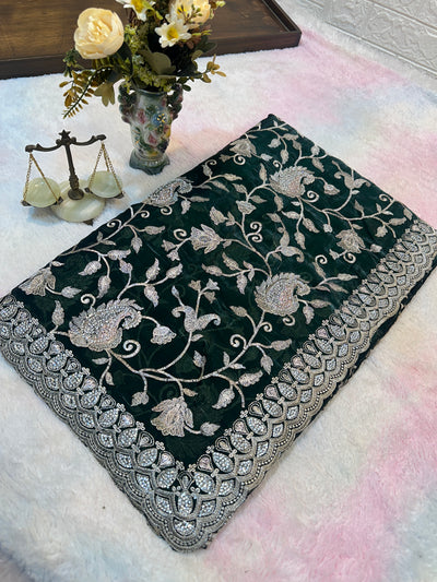 Buy 1 Get 1 FREE – Premium Dark Green Zari Work Saree ✨