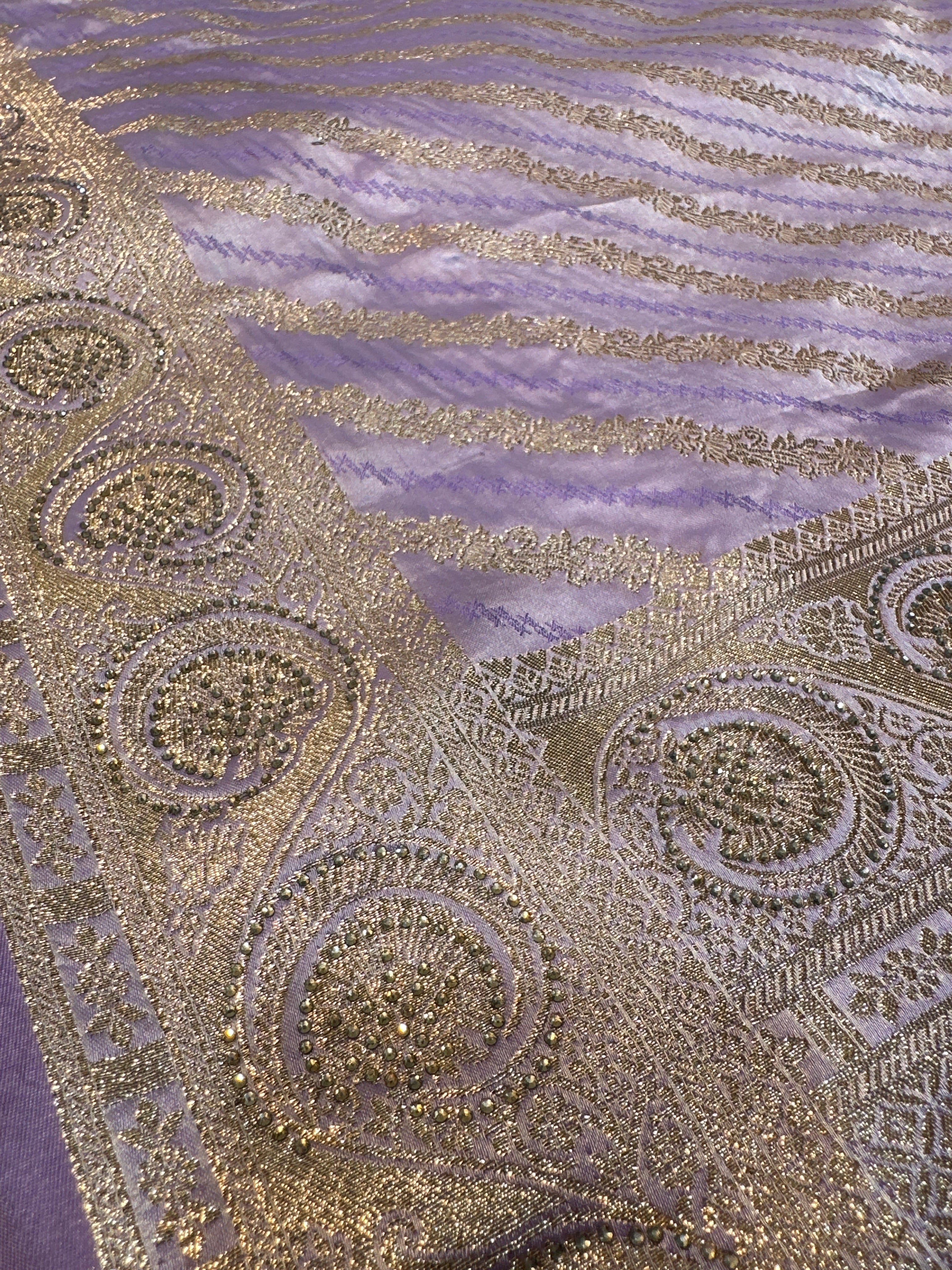 Lavender Purple Banarasi Silk Saree with Gold Zari Stripes & Heavy Zari Border