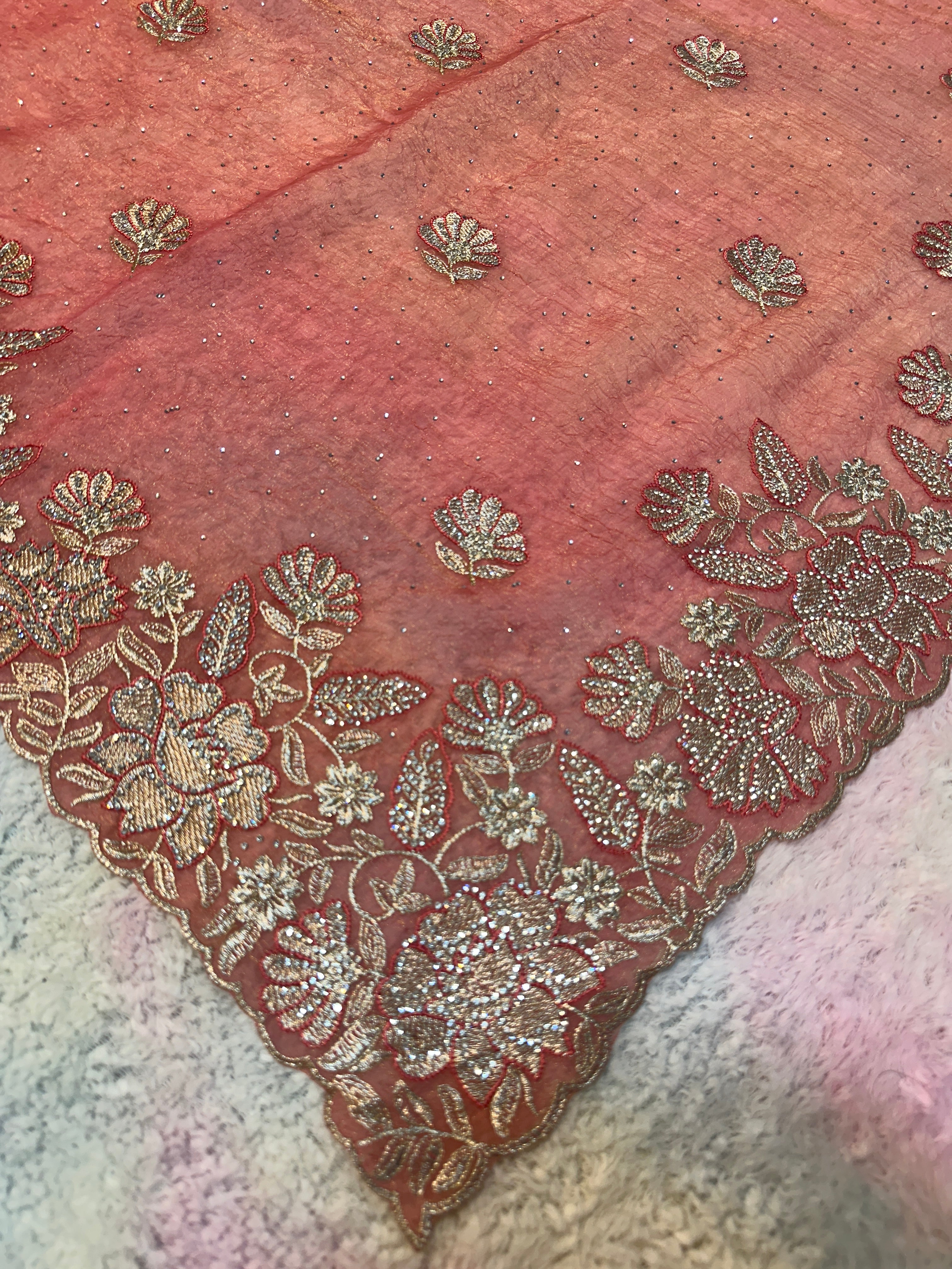 Coral Pink Organza Saree with Silver Zarkhan Stone & Zari Floral Embroidery