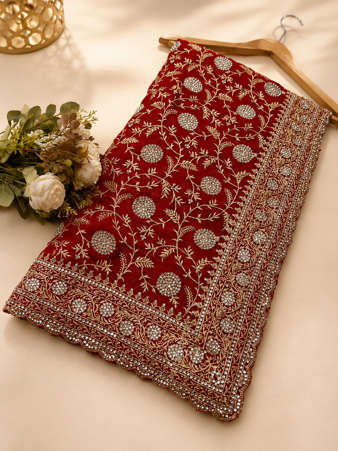 Royal Red Designer Saree with Elegant Zarkhan & Golden Work