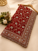 Royal Red Designer Saree with Elegant Zarkhan & Golden Work