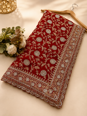 Royal Red Designer Saree with Elegant Zarkhan & Golden Work