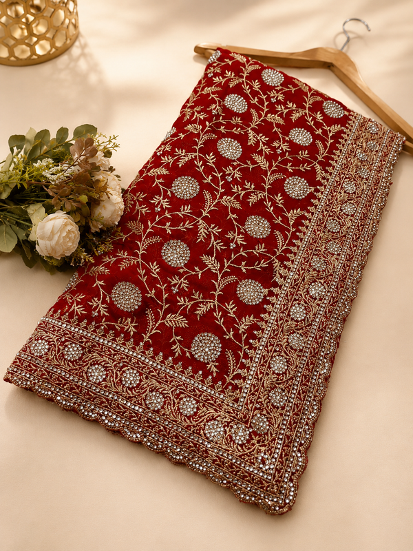 Royal Red Designer Saree with Elegant Zarkhan & Golden Work