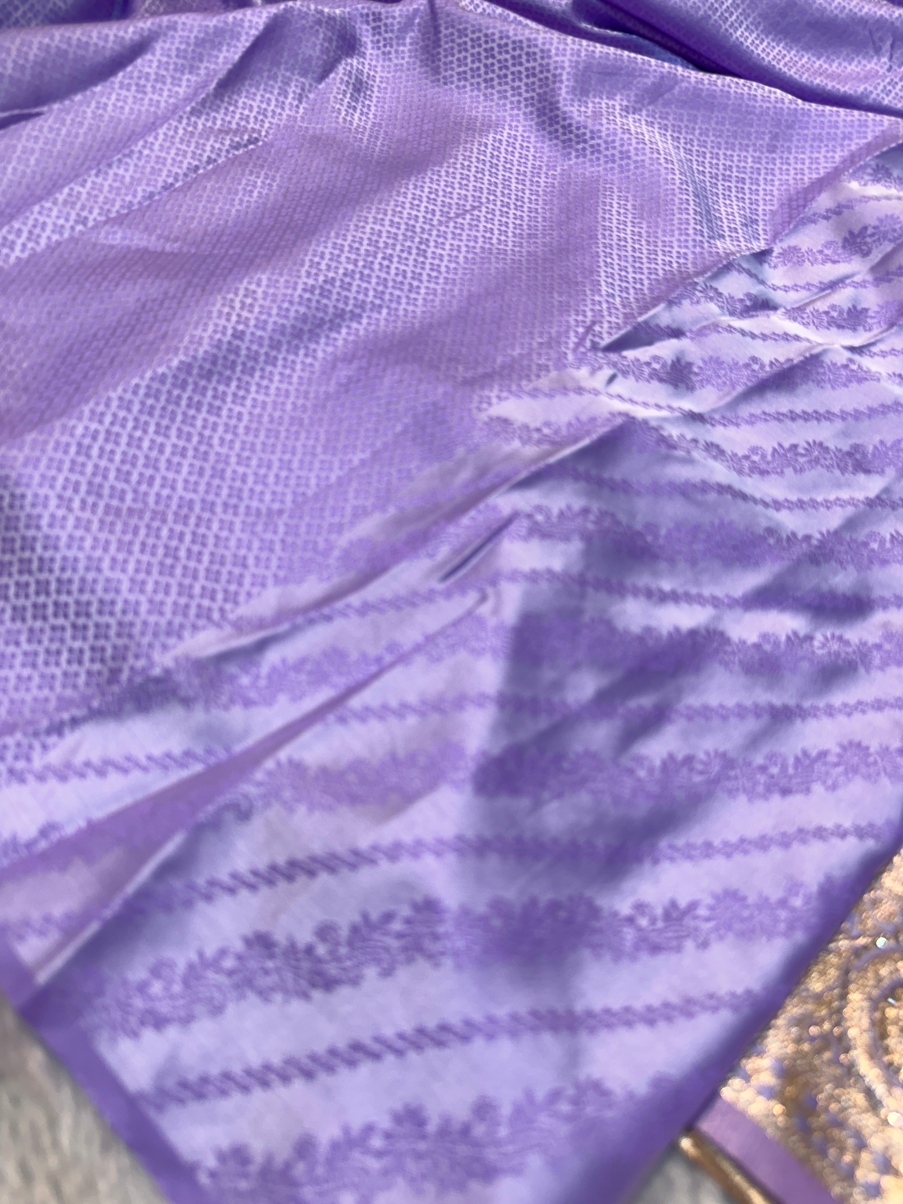 Lavender Purple Banarasi Silk Saree with Gold Zari Stripes & Heavy Zari Border