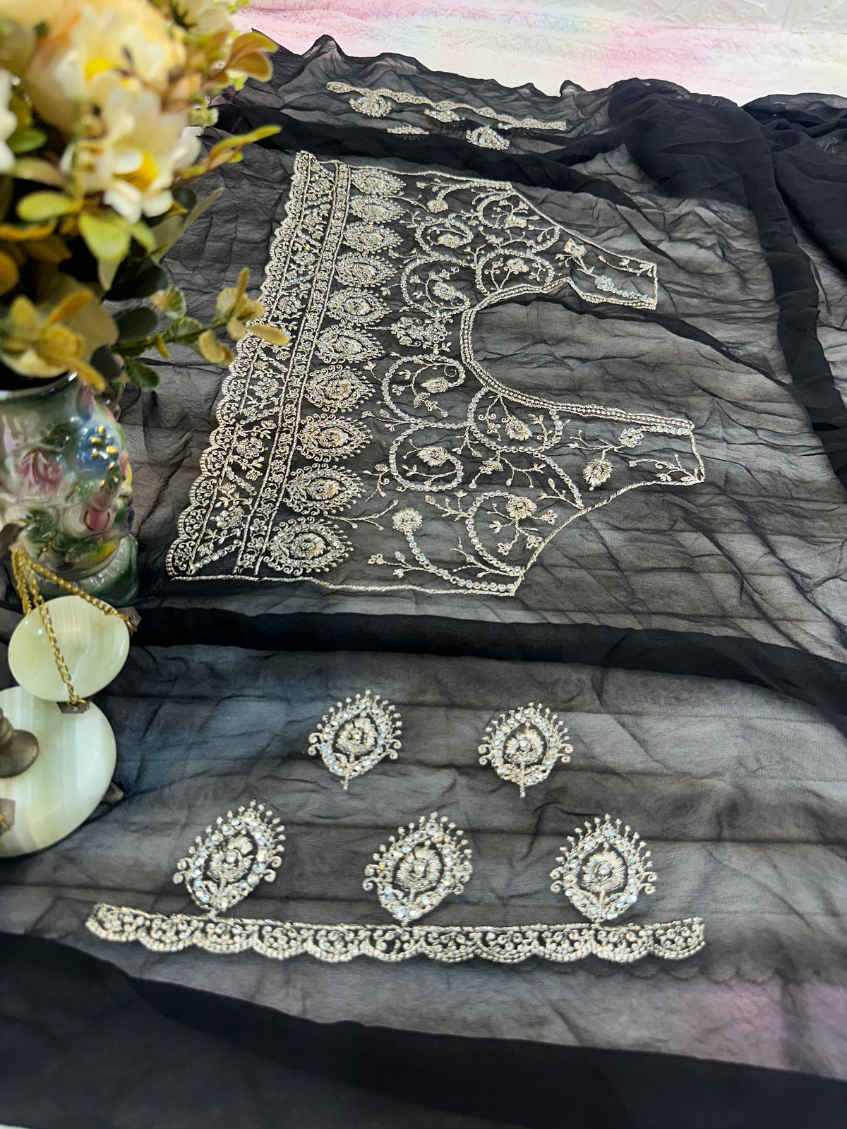 Premium Black Saree with Dupatta | Heavy Embroidery & Stone Work