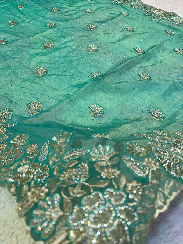 Sea Green Organza Saree with Zarkhan Stone & Zari Floral Embroidery