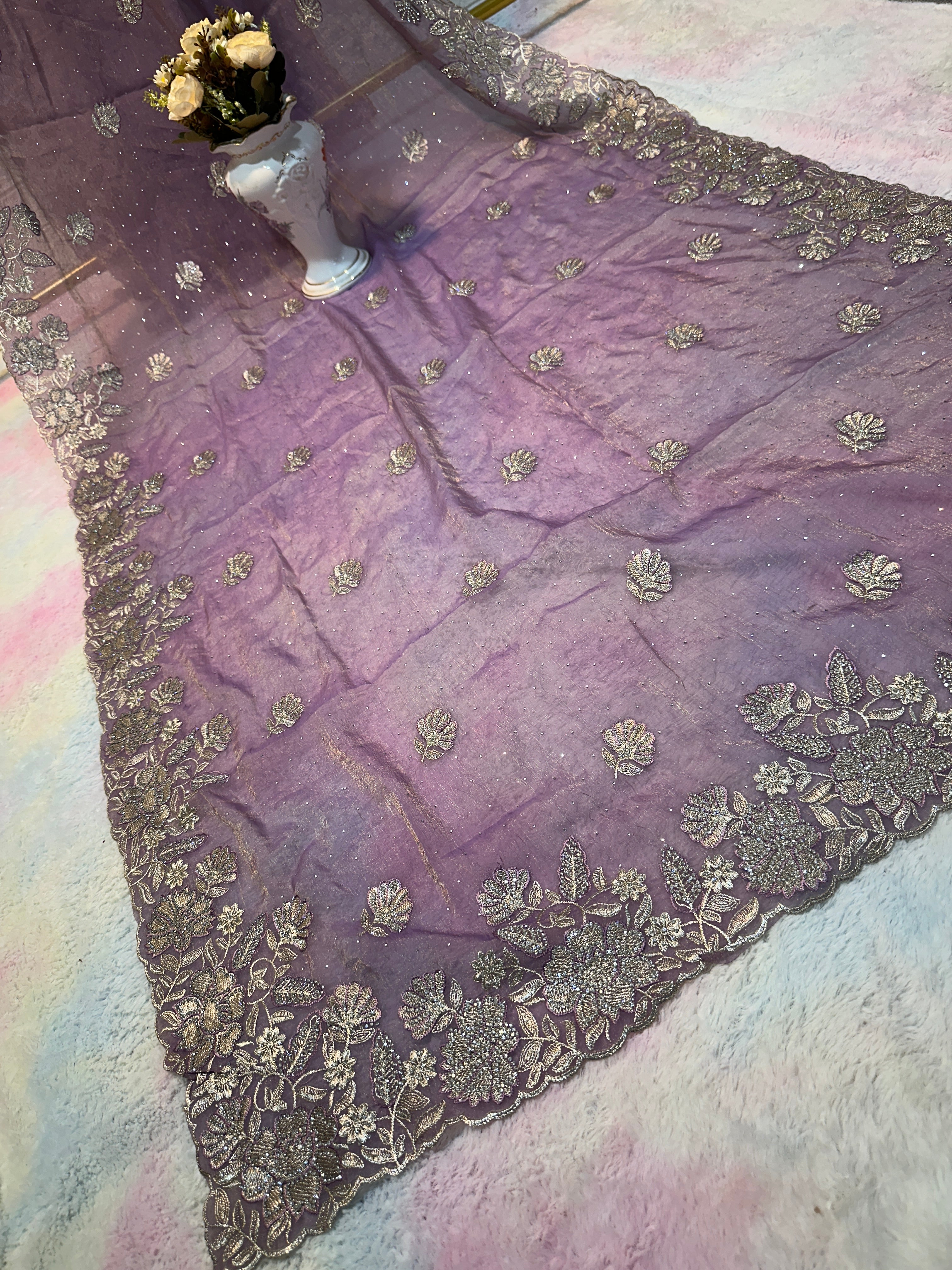 Lavender Grey Organza Saree with Silver Zarkhan Stone & Zari Floral Embroidery