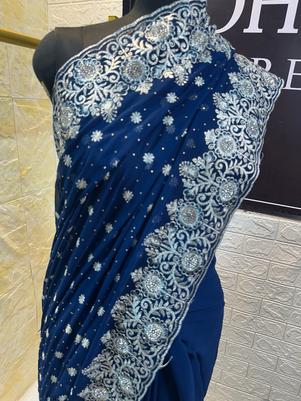 Navy Blue Georgette Saree with Silver Zari & Sequin Embroidery