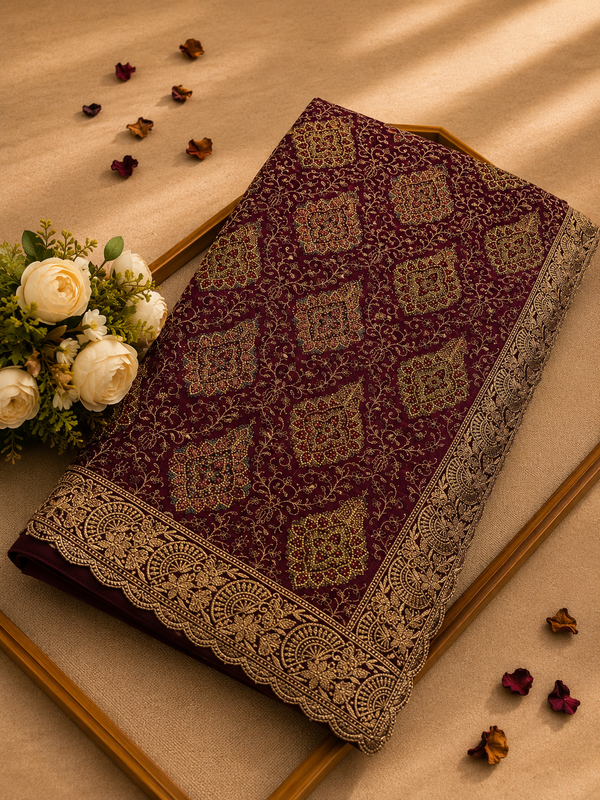 Premium Wine Georgette Kashmiri Work Designer Saree | Elegant Festive & Wedding Collection