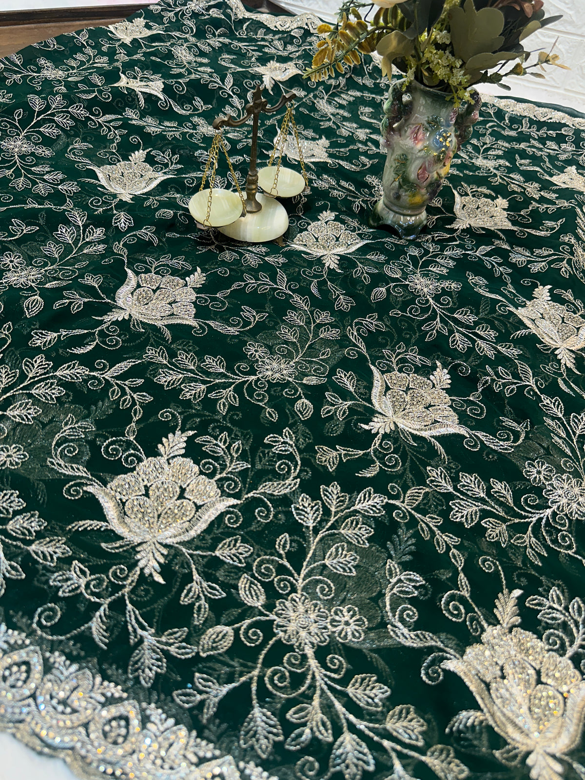 Dark Green Designer Saree With Dupatta – Elegant Floral Embroidery
