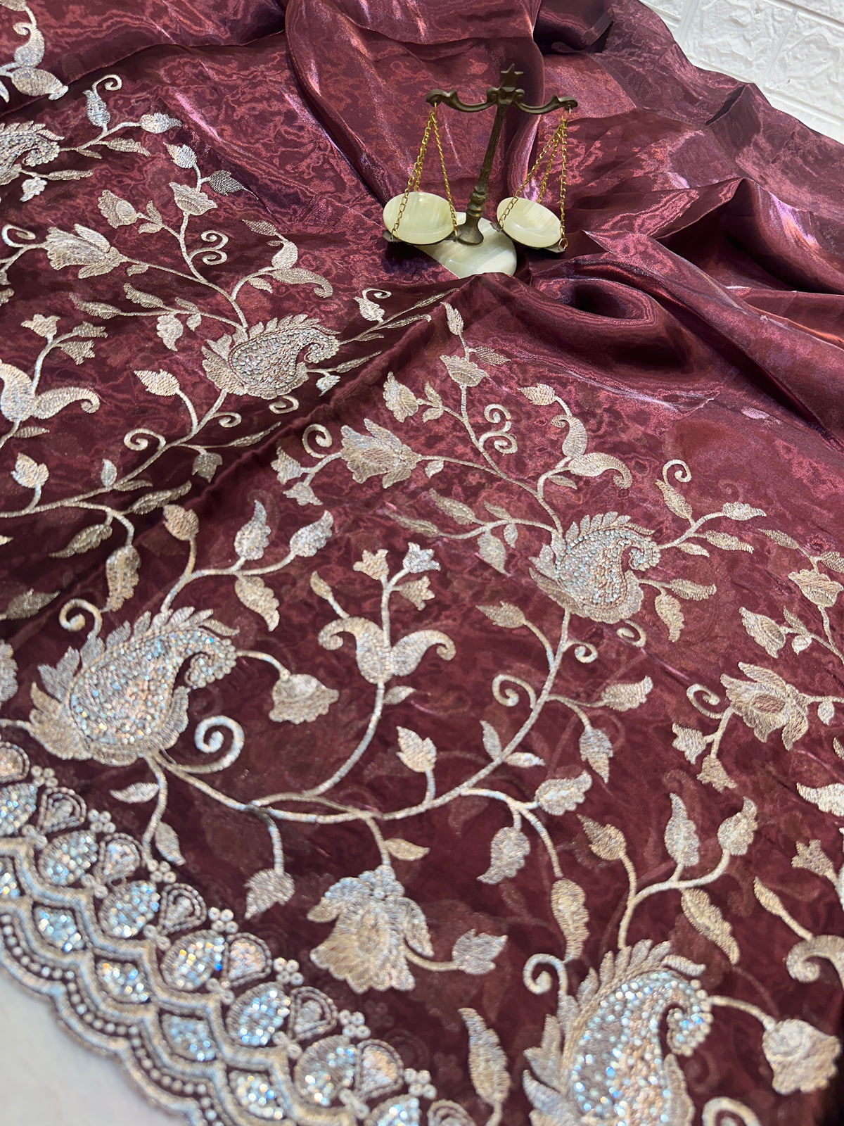 Buy 1 Get 1 FREE – Premium Dark Wine Zari Work Saree ✨
