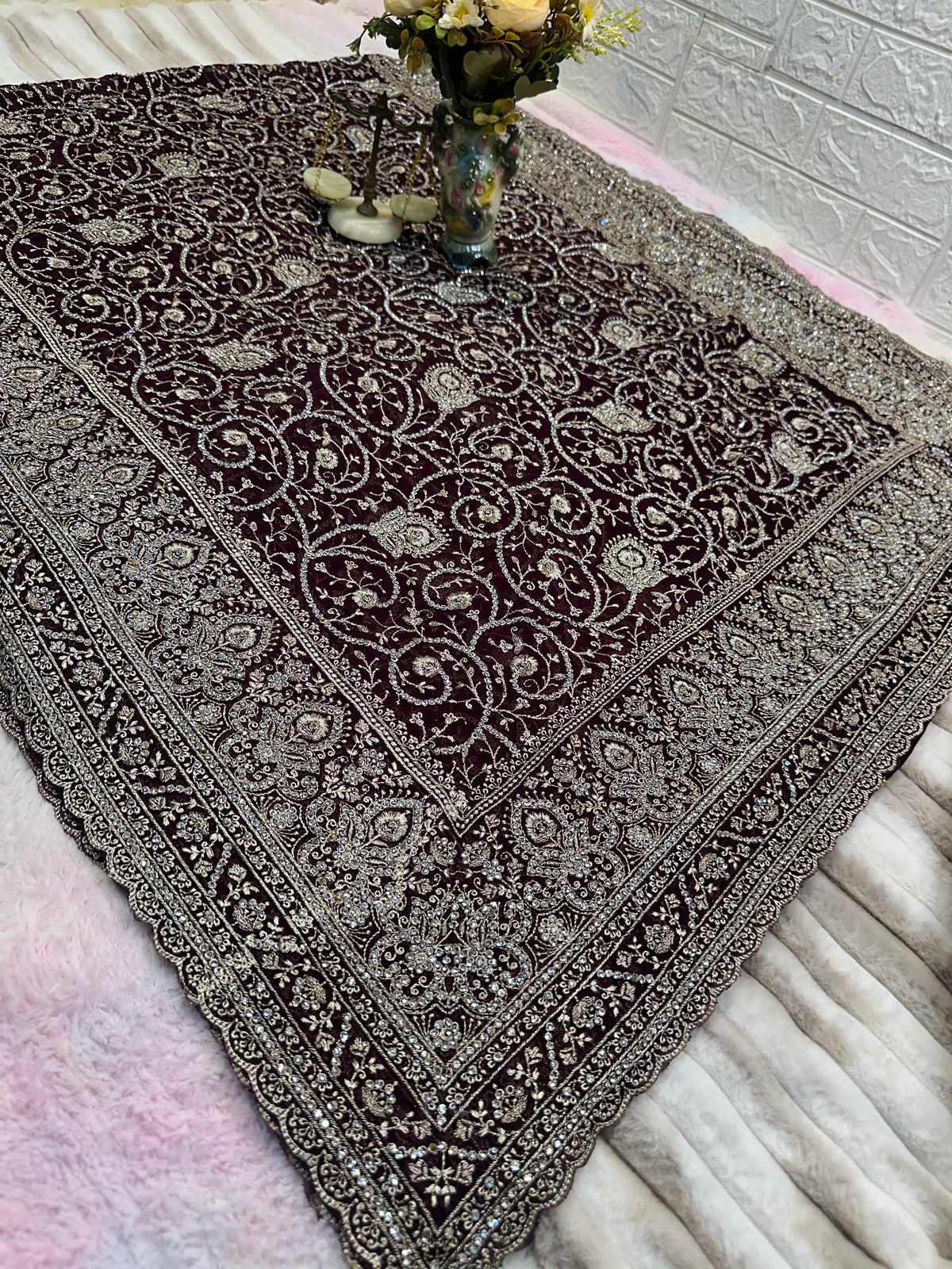 Premium Dark Wine Embroidered Saree With Dupatta