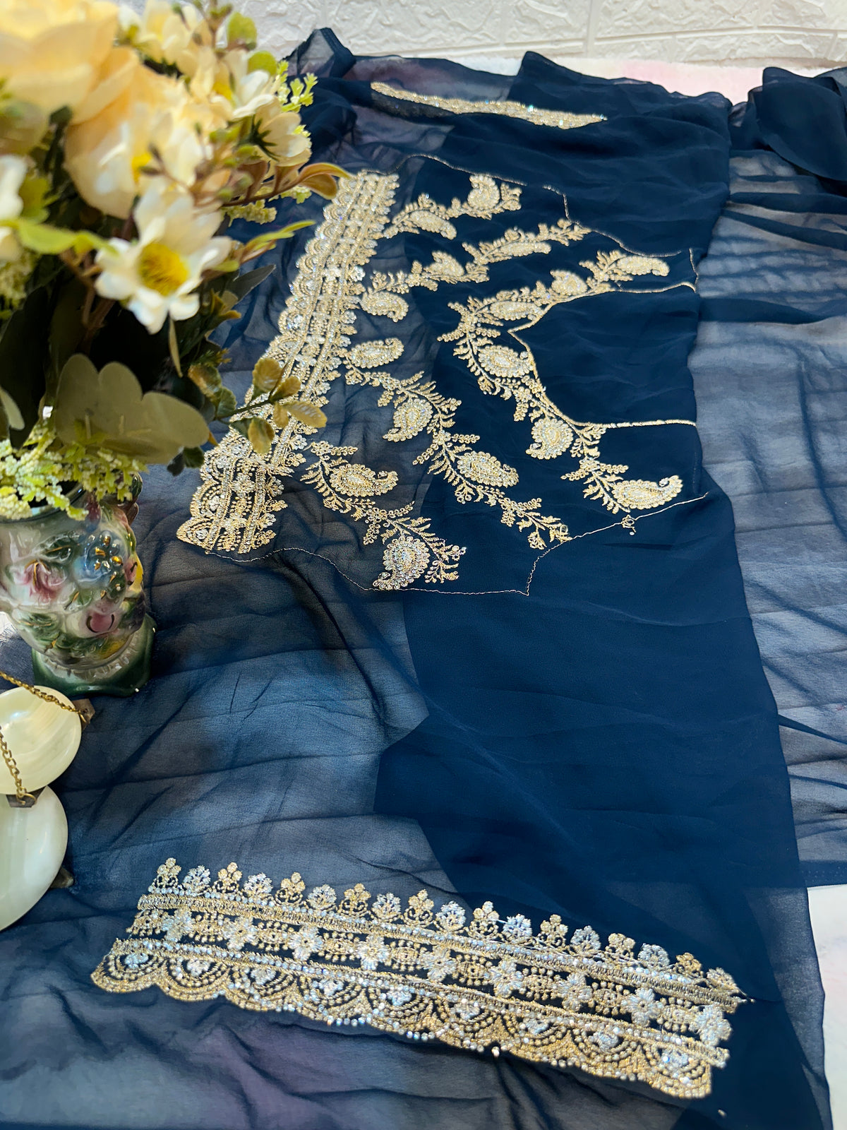 Premium Royal Blue Saree with Dupatta | Heavy Zari & Embroidery Work