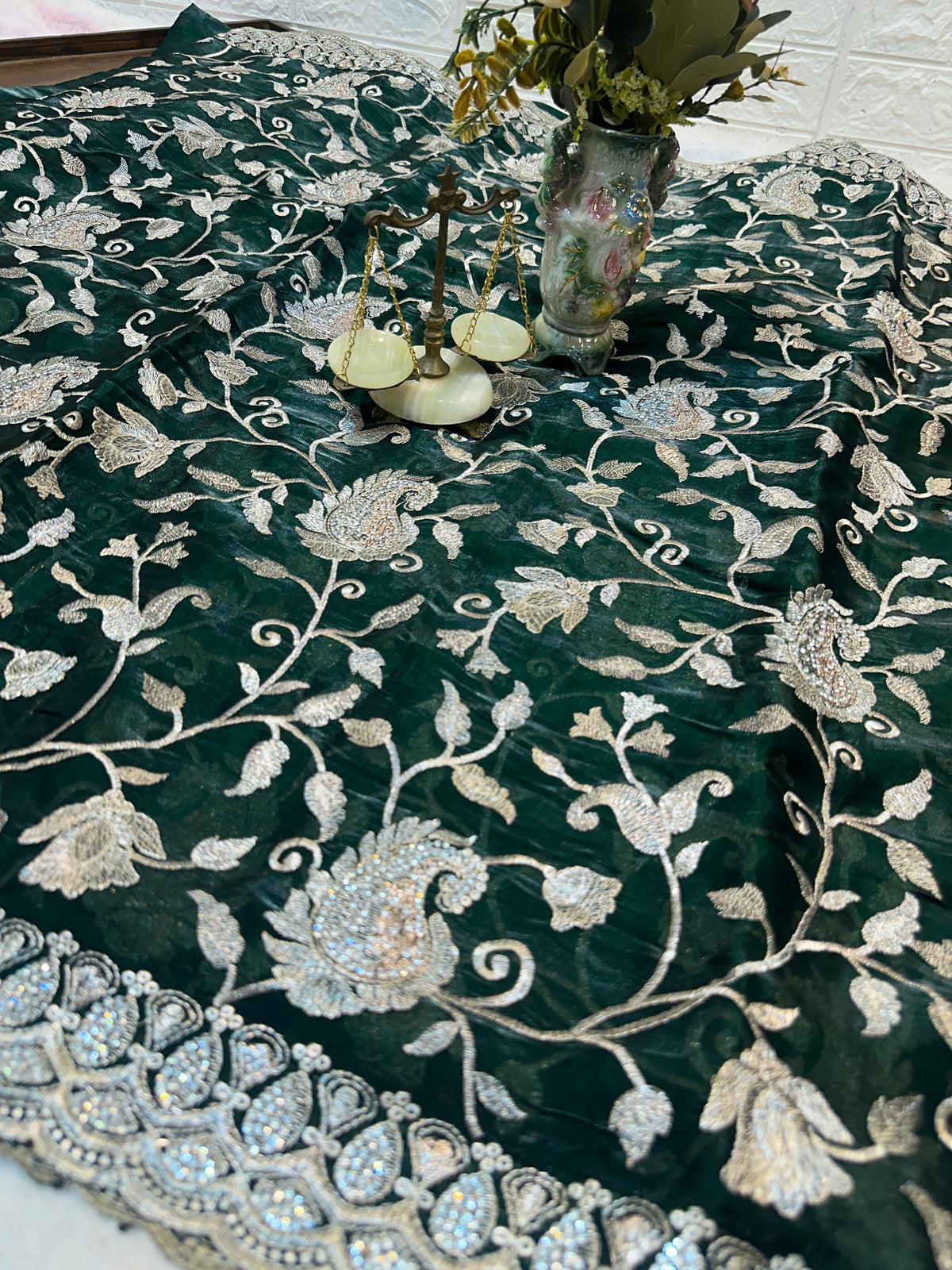 Buy 1 Get 1 FREE – Premium Dark Green Zari Work Saree ✨