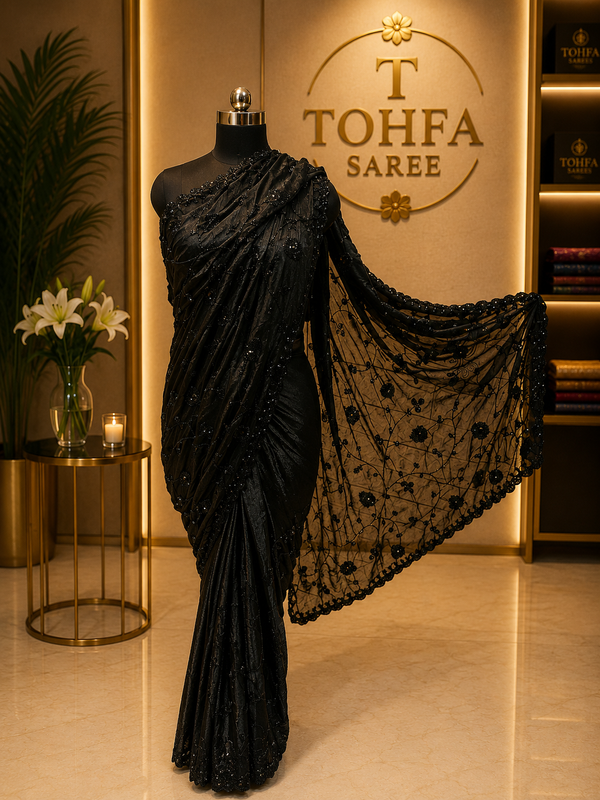 Premium Black Fendi Designer Saree with Elegant Embroidery Work