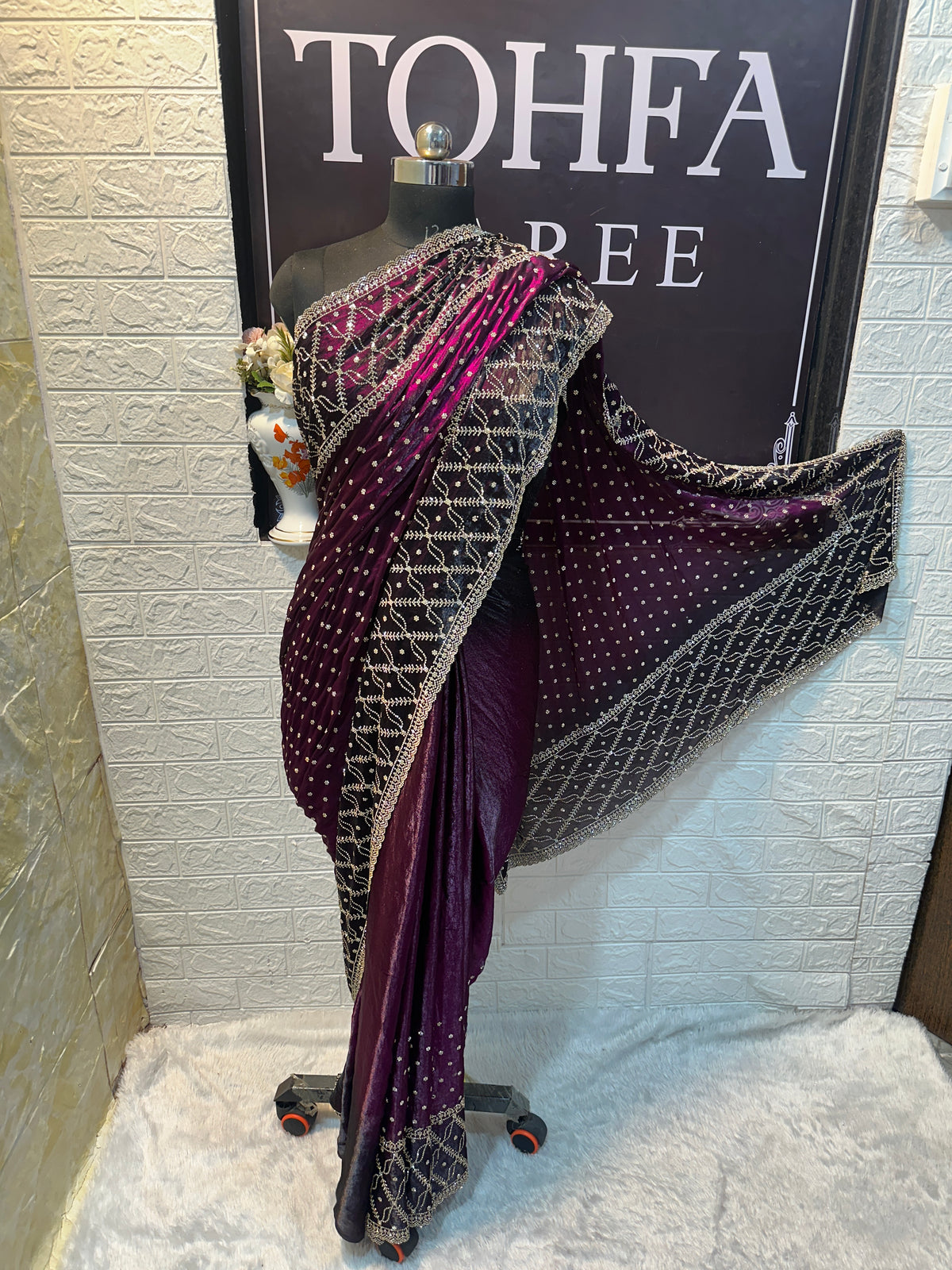Elegant Wine Purple Shadow Zarkhan Designer Saree