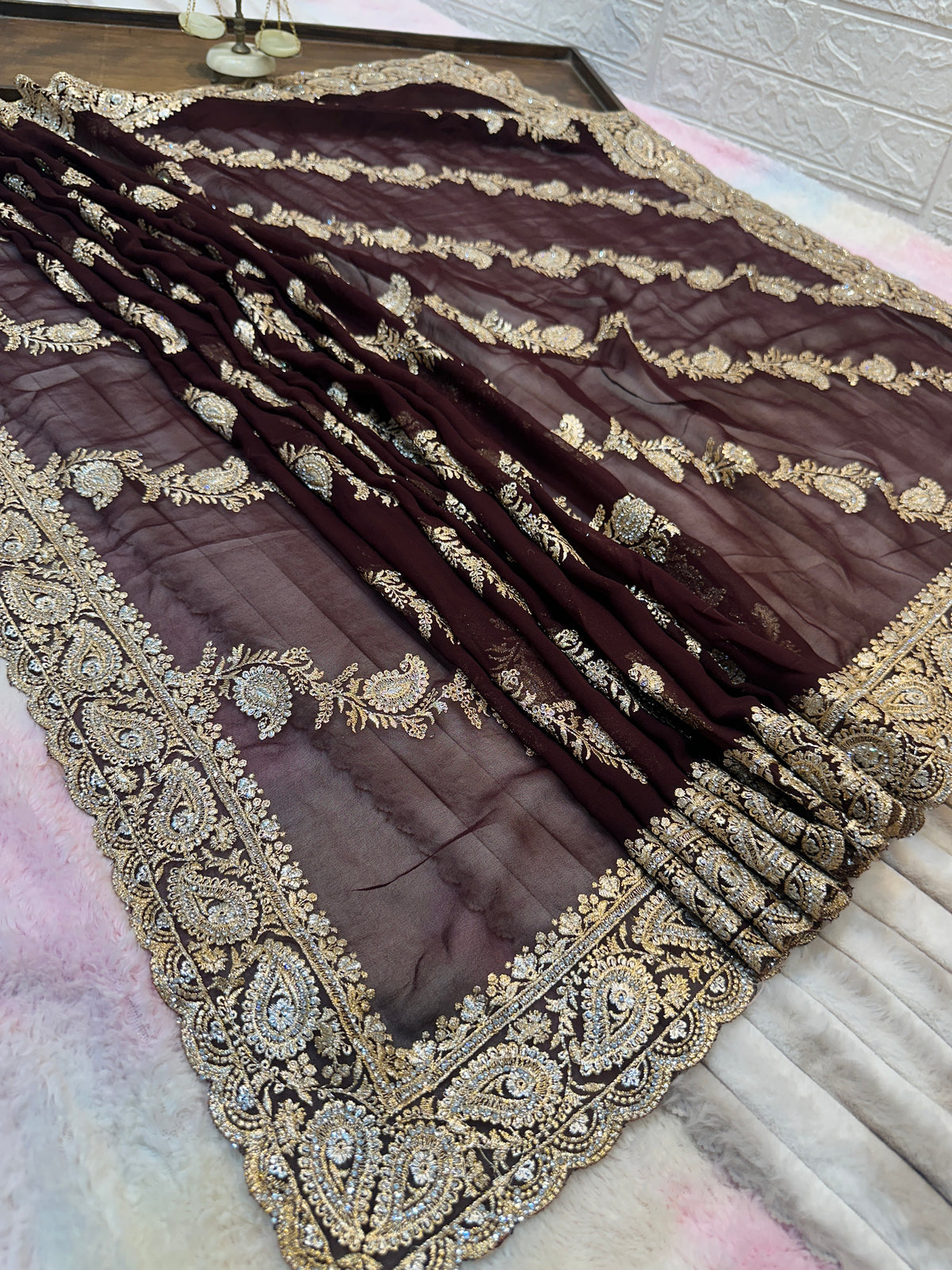 Premium Wine Maroon Bridal Saree with Dupatta | Heavy Zari Embroidery Work
