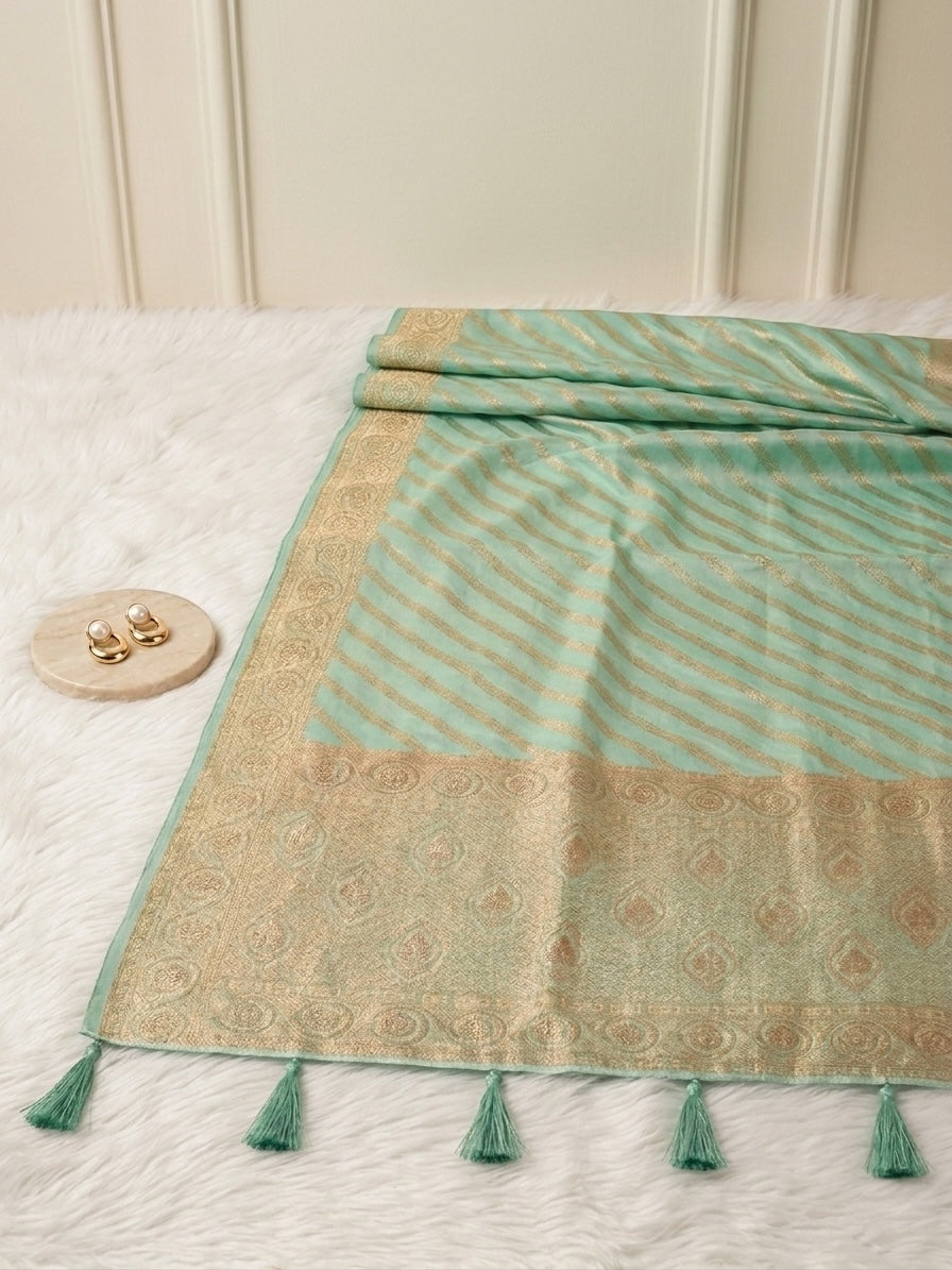 Mint Green Banarasi Silk Saree with Gold Zari Stripes & Heavy Zari Border
