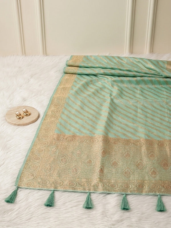 Mint Green Banarasi Silk Saree with Gold Zari Stripes & Heavy Zari Border