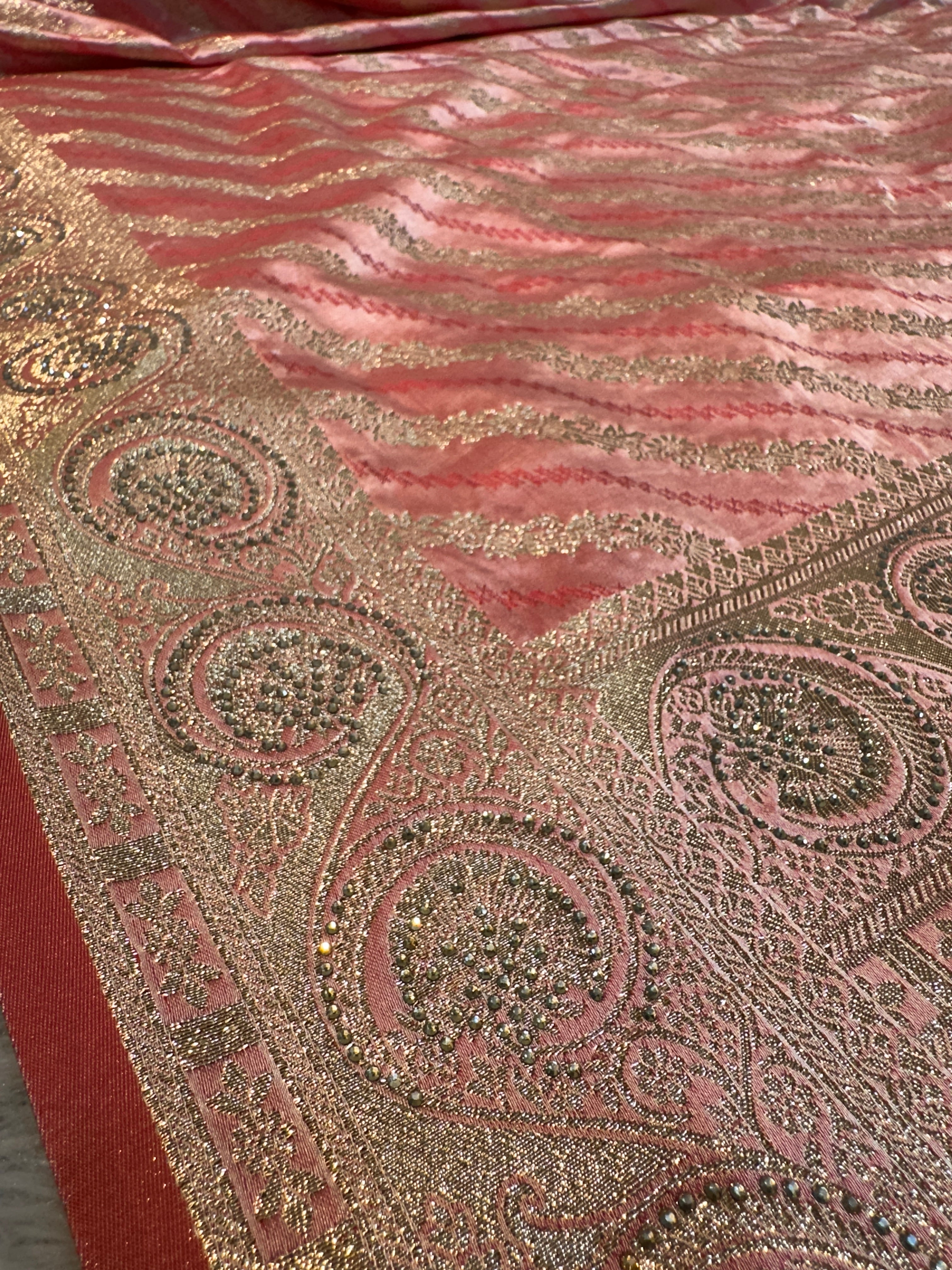 Pink Banarasi Silk Saree with Gold Zari Stripes & Heavy Zari Border