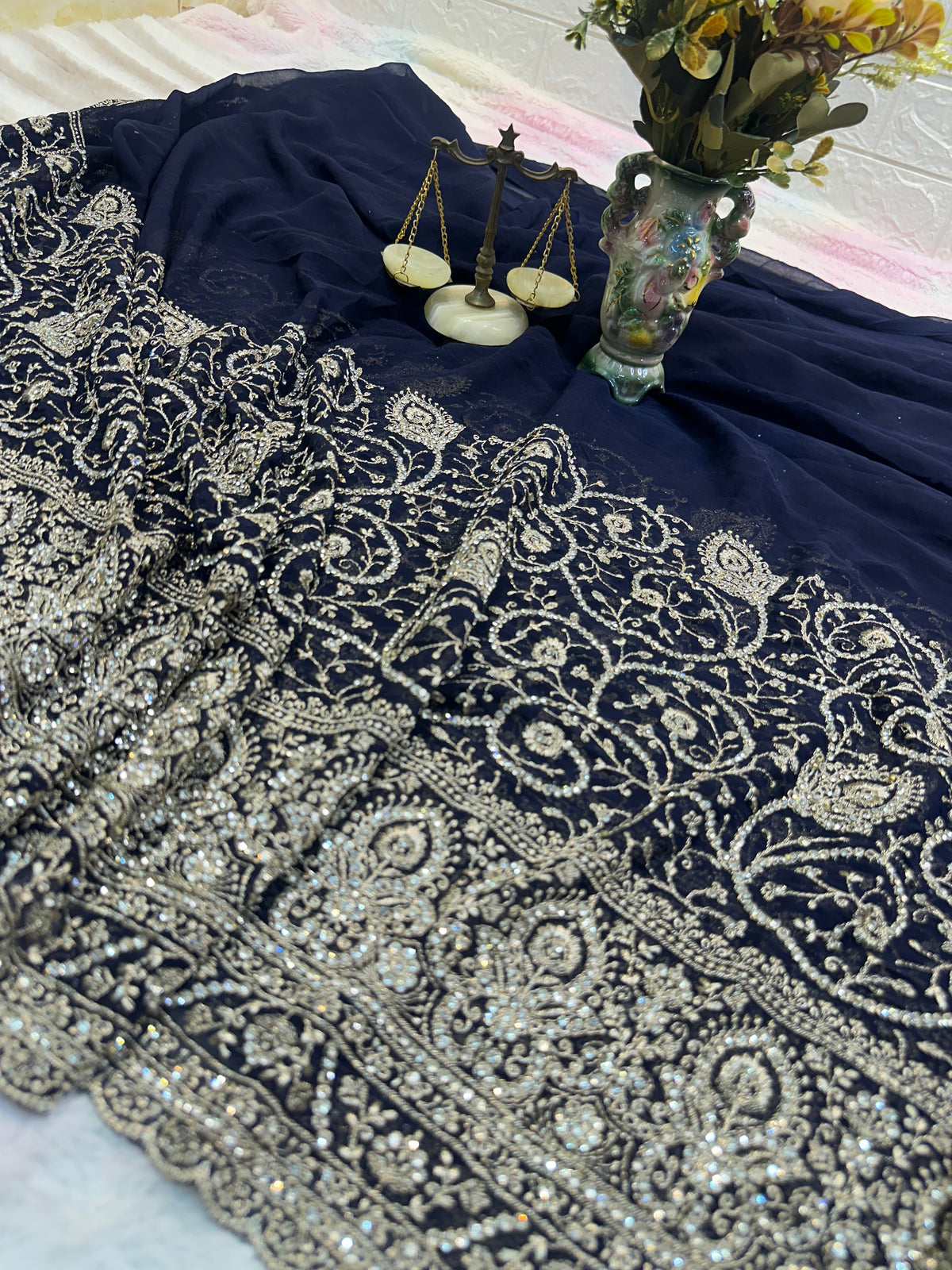 Premium Navy Blue Saree with Dupatta | Heavy Embroidery & Stone Work