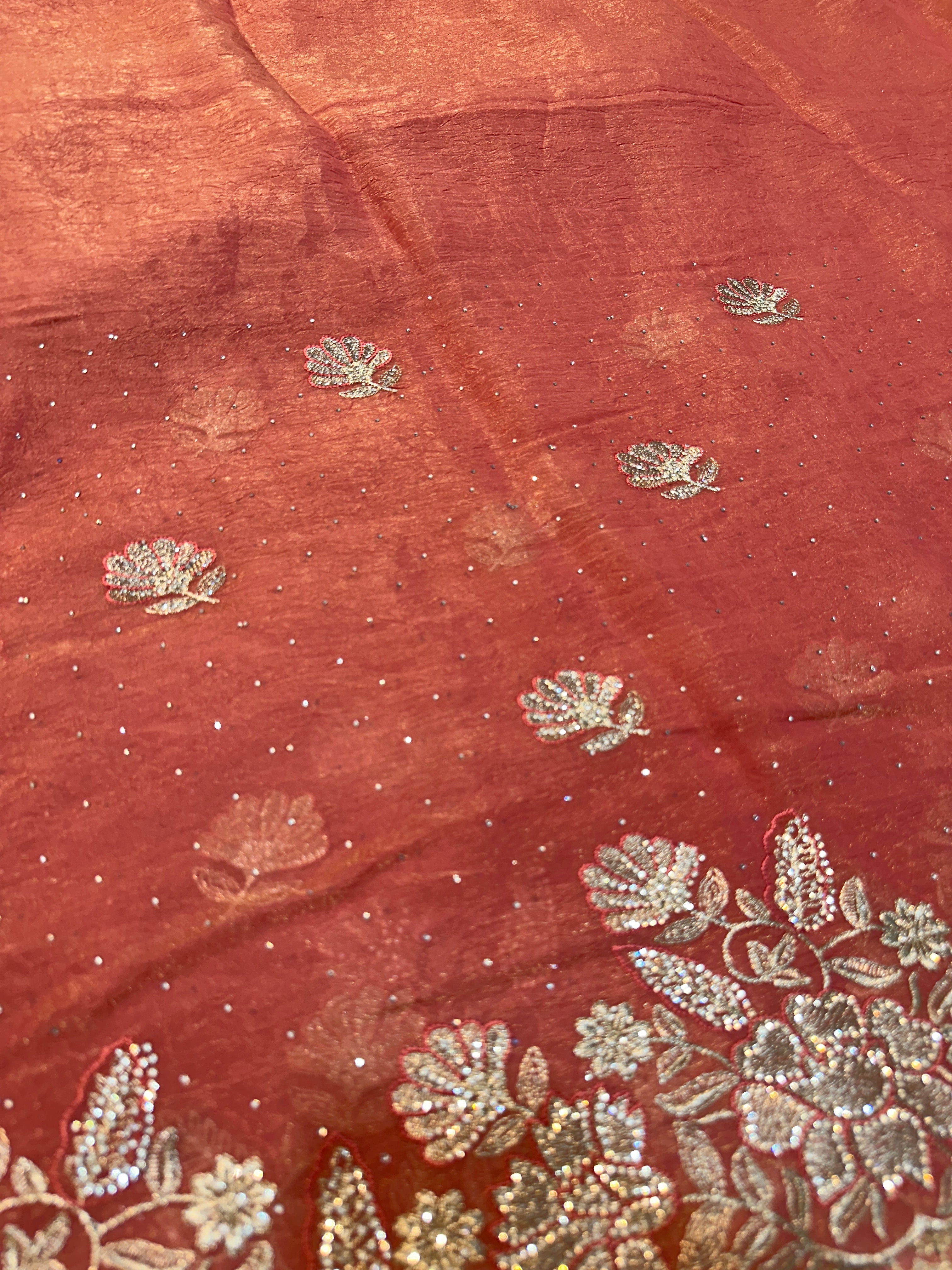 Coral Pink Organza Saree with Silver Zarkhan Stone & Zari Floral Embroidery