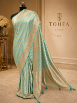 Mint Green Banarasi Silk Saree with Gold Zari Stripes & Heavy Zari Border