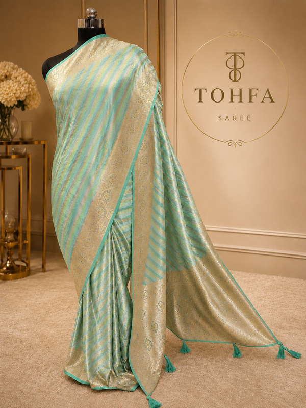 Mint Green Banarasi Silk Saree with Gold Zari Stripes & Heavy Zari Border
